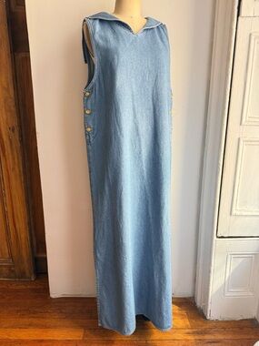 Vintage Denim Cotton Sailor Maxi Dress Large Collar Minimalist Structured